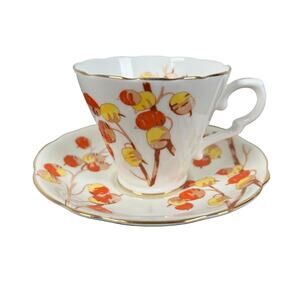 Gladstone Bone China Cup Saucer England Persimmon Fruit Scalloped Rim Gilded